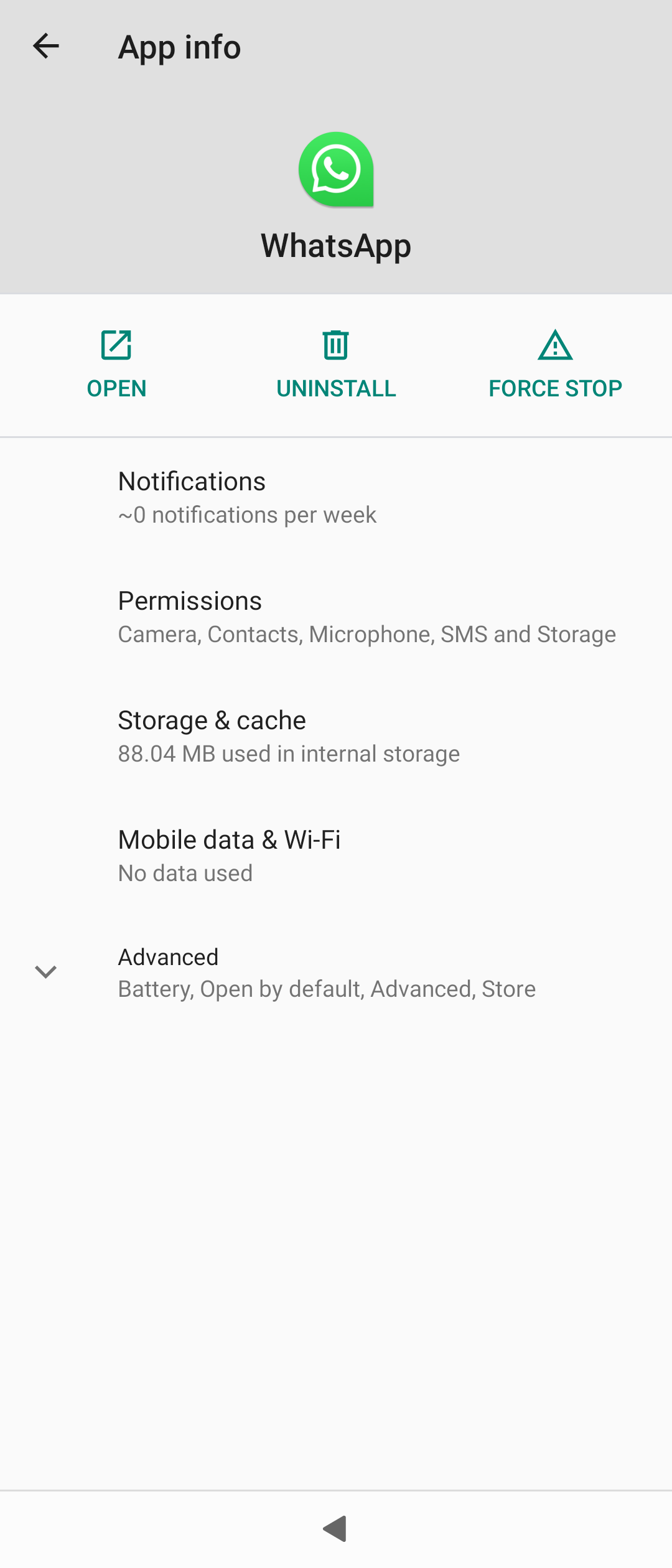 Android Settings of WhatsApp